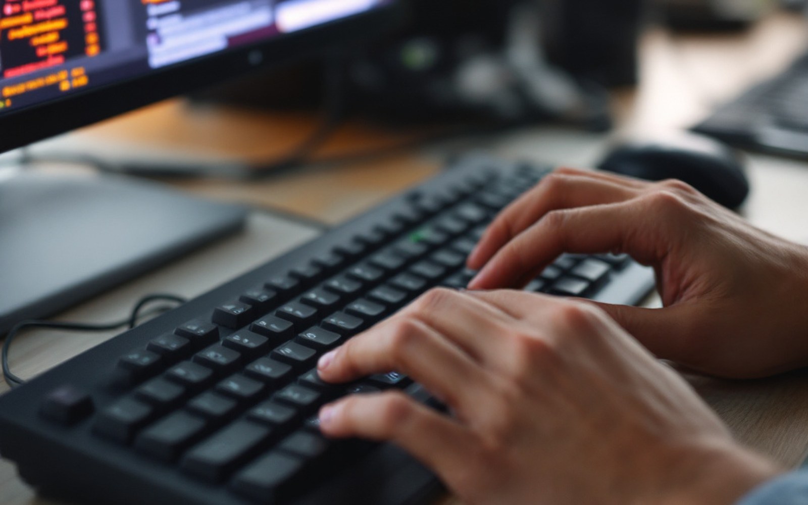 A keyboard with an Indic layout overlay, hands typing