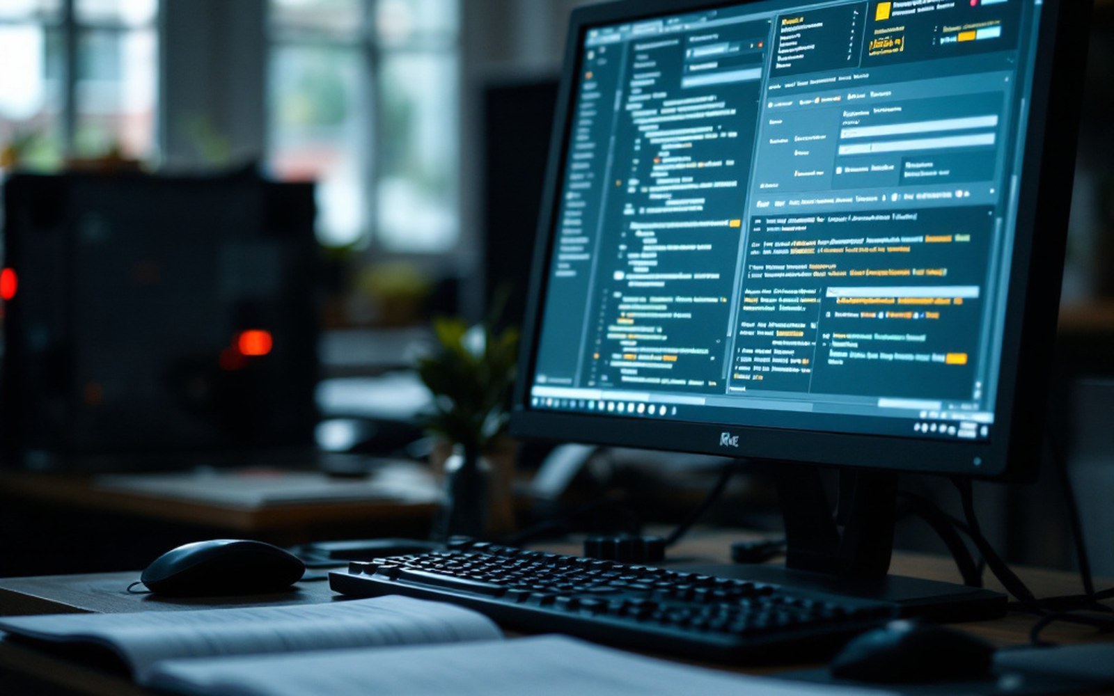 A printed standards document open on a desk beside a monitor