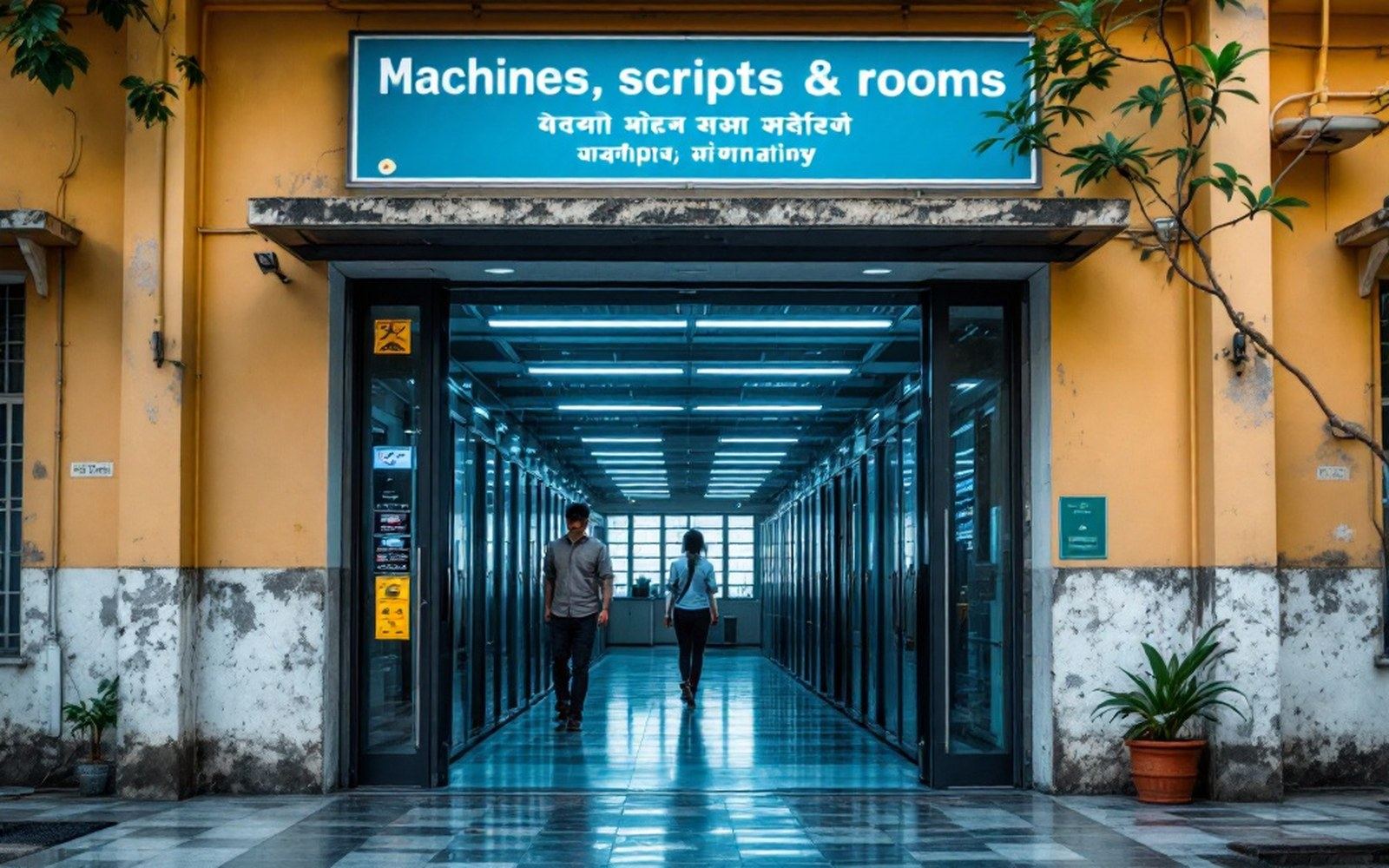 An institutional building exterior with signage, someone walking in