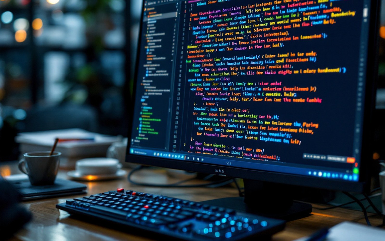 A monitor displaying complex script with a text editor open