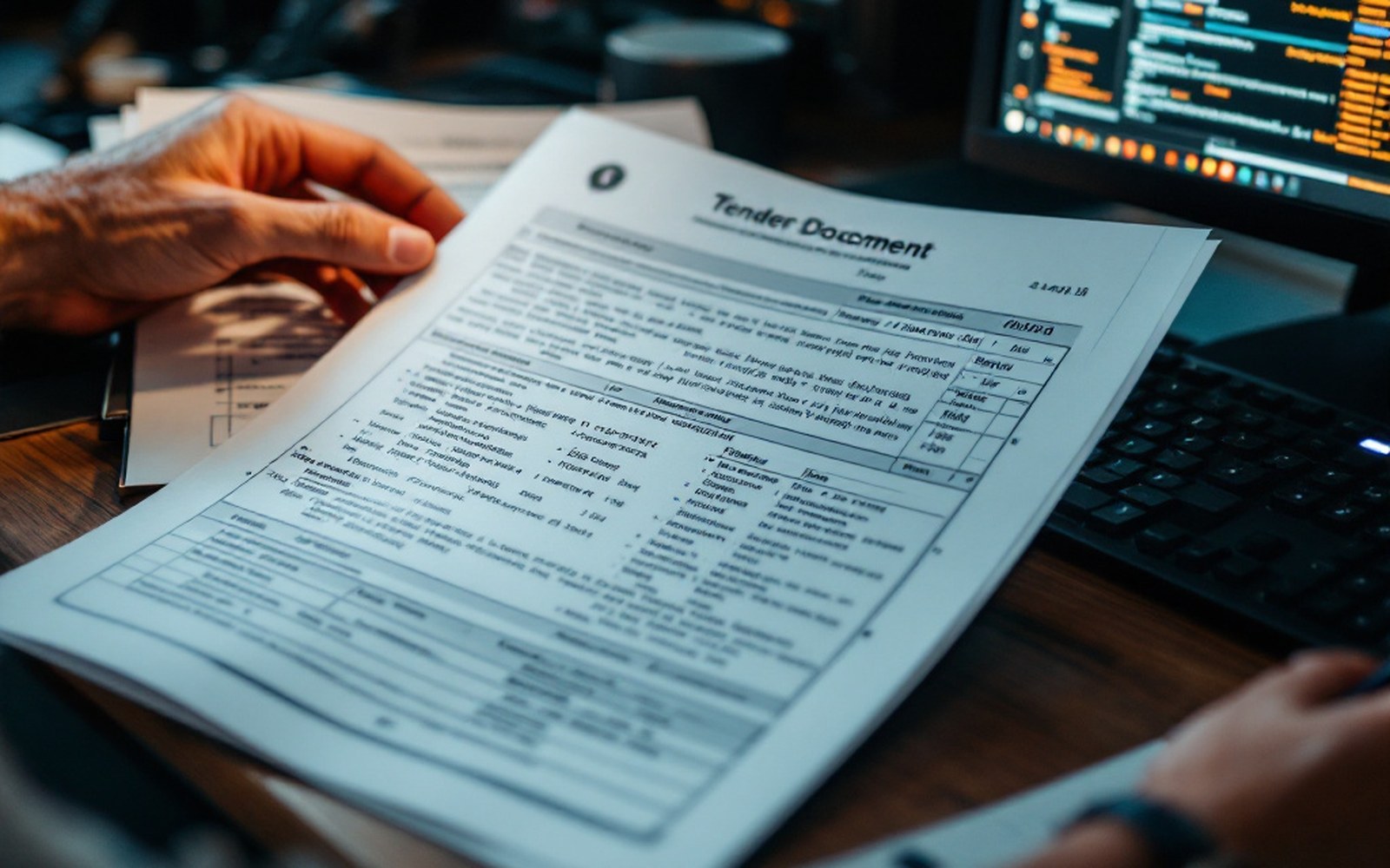 A tender document open on an office desk